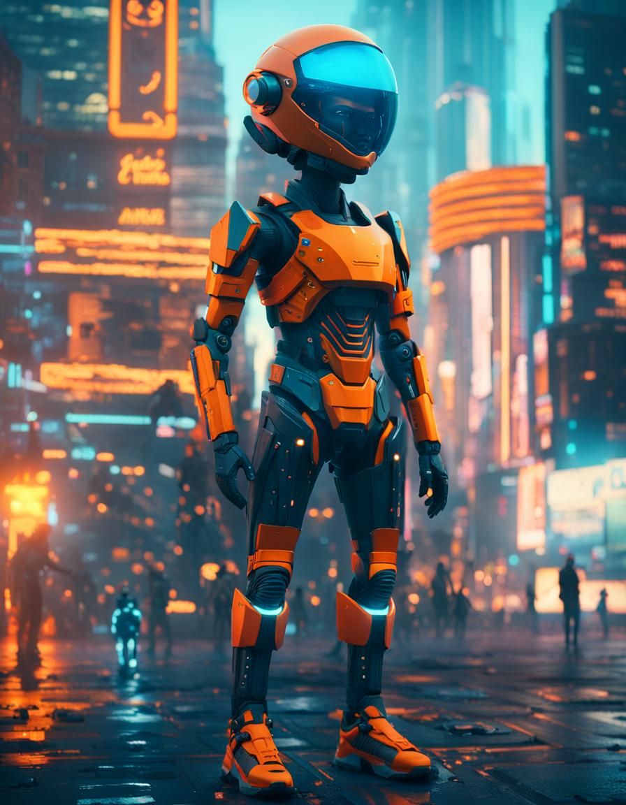 Android in Futuristic Cityscape, Cyberpunk Style