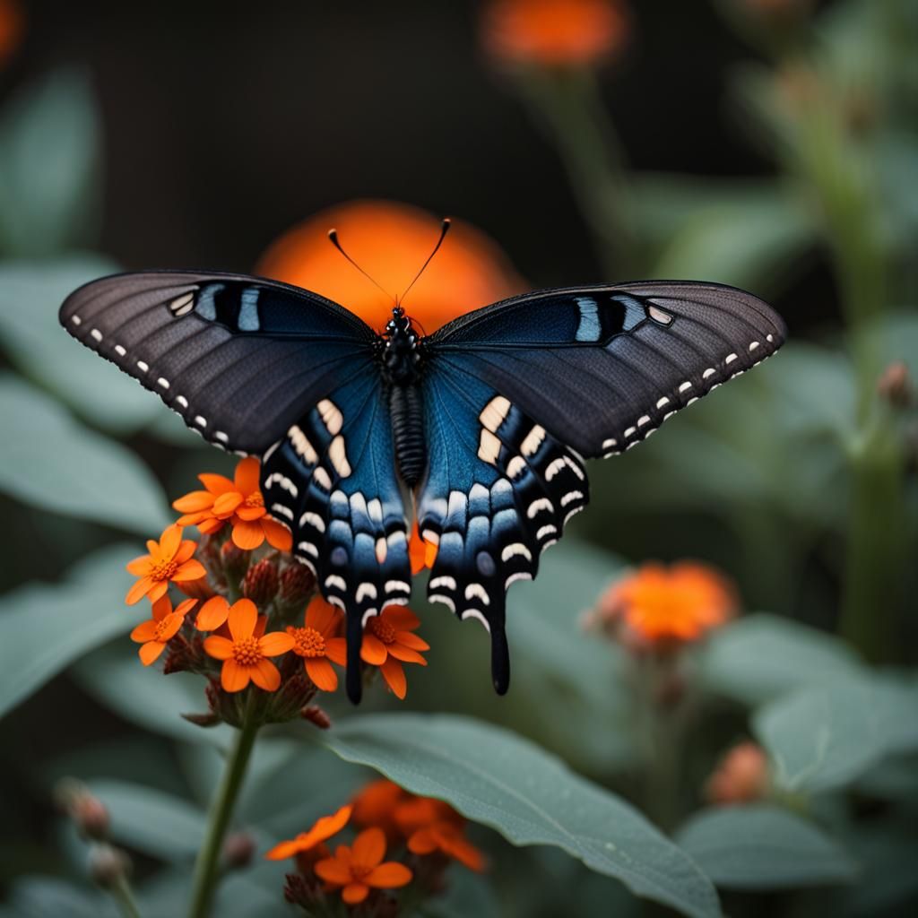 Blue Swallowtail Butterfly in Dark Botanical Setting