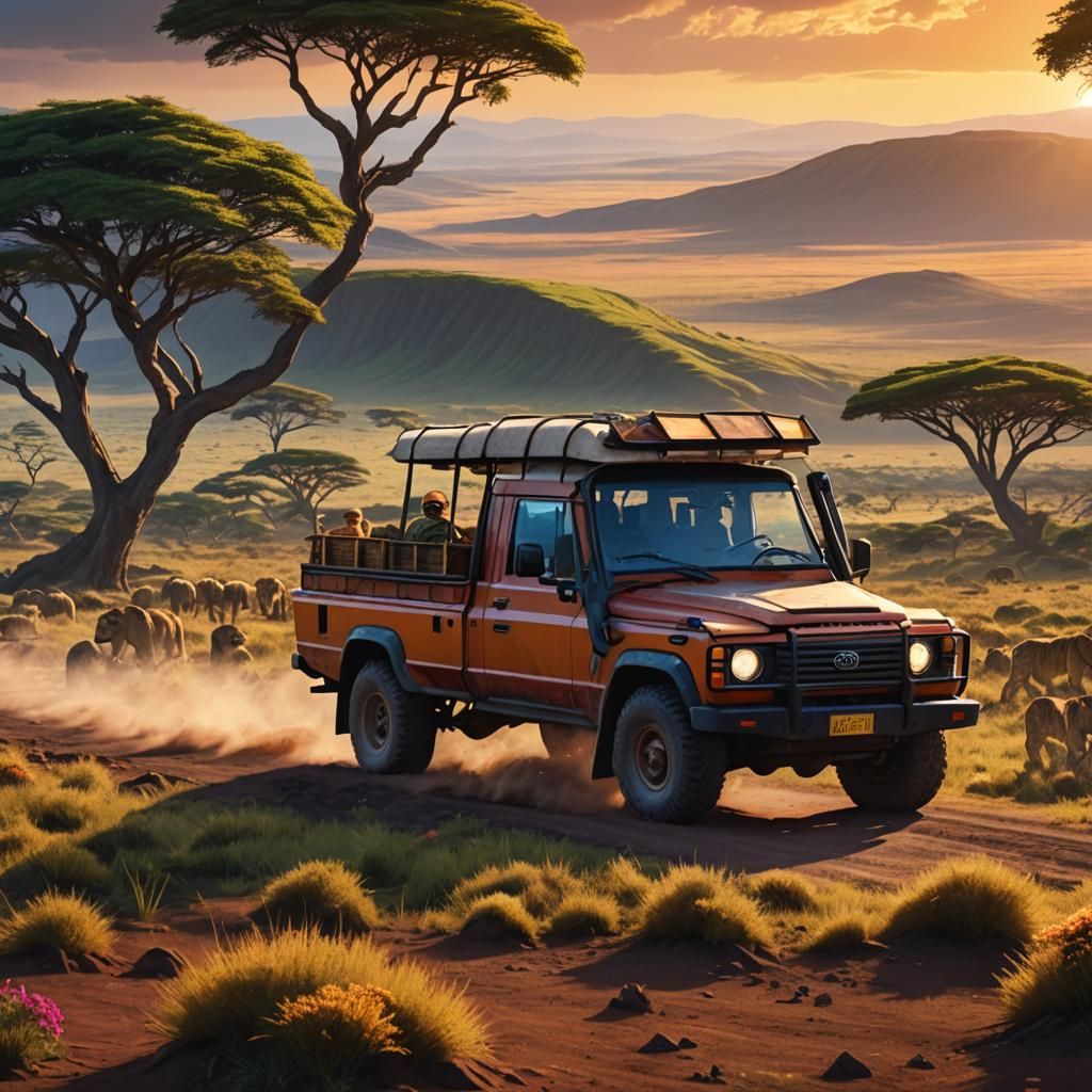 Safari Truck and Lion at Sunset