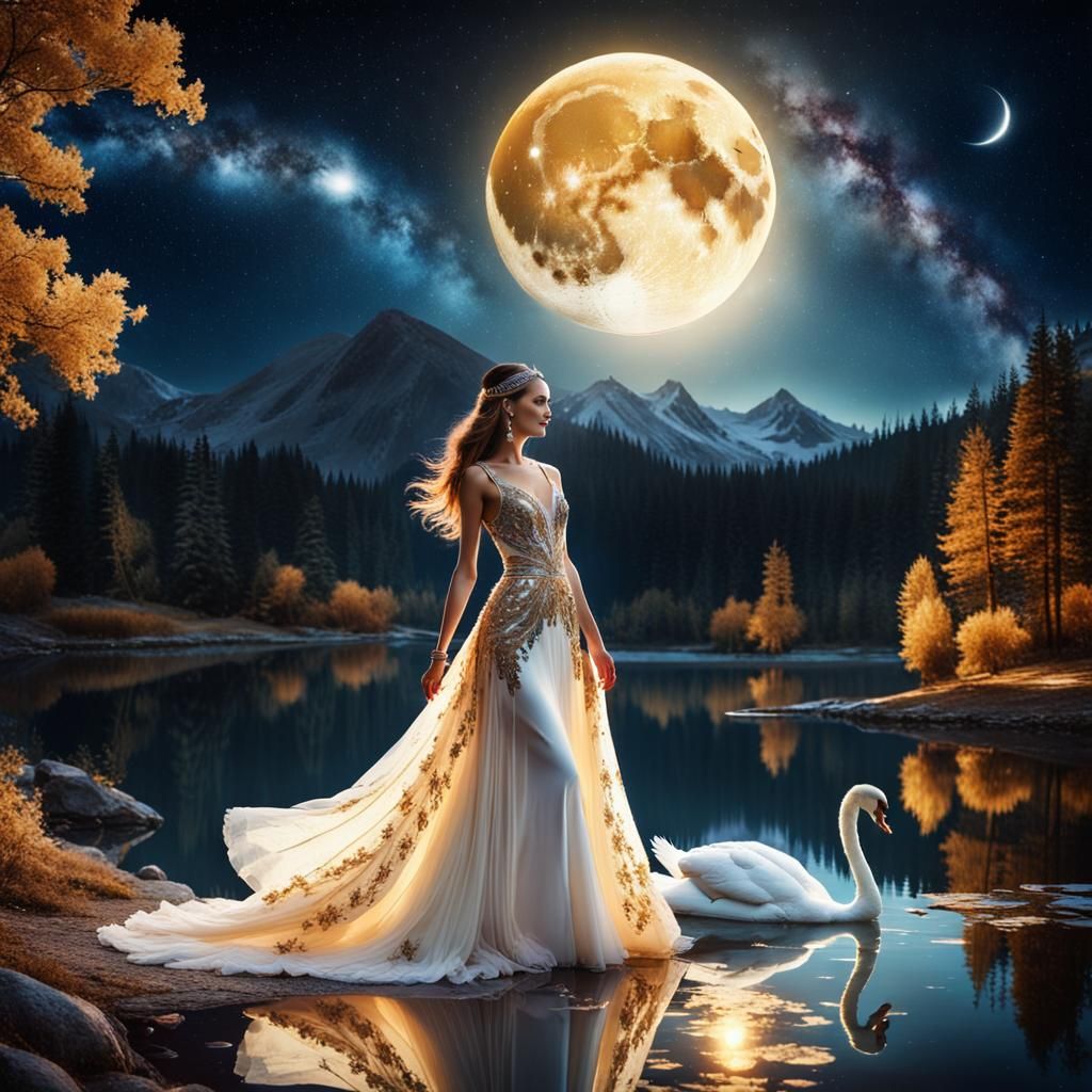 Woman in Gown Walks Under Moonlit Galaxy