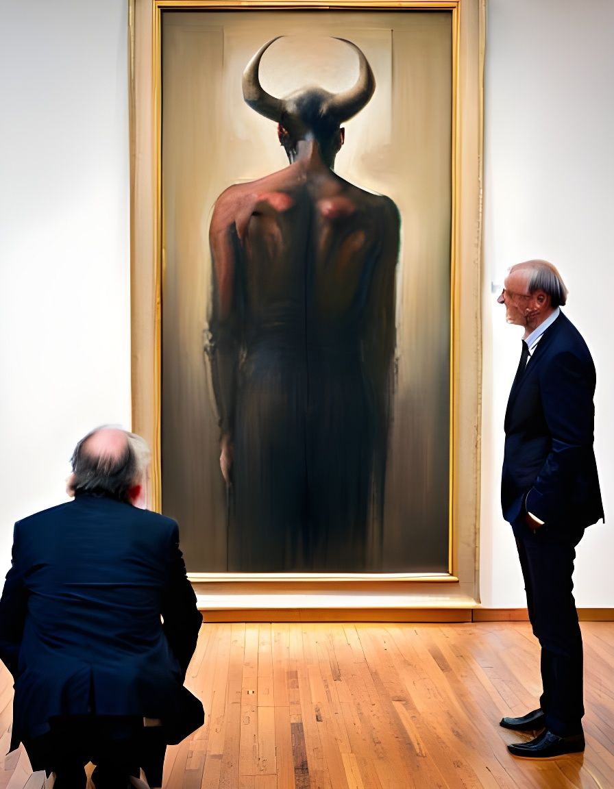 Gallery Visitor Contemplates Devil Portrait in Chiaroscuro