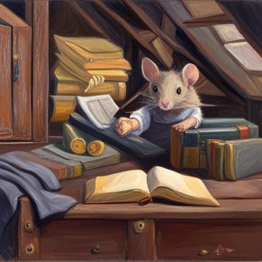 Mouse Reading Books in Attic, Oil Painting