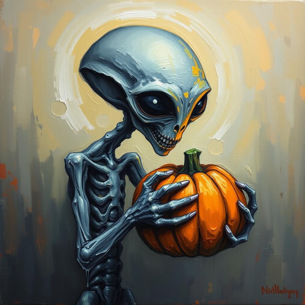 Jack-o'-Lantern Eats Alien: Expressionist Oil Painting