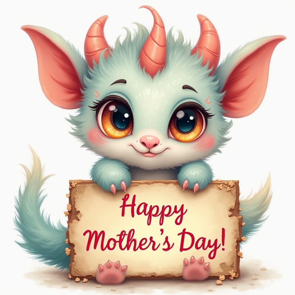 Whimsical Mother's Day Creature Holds Sparkling Sign