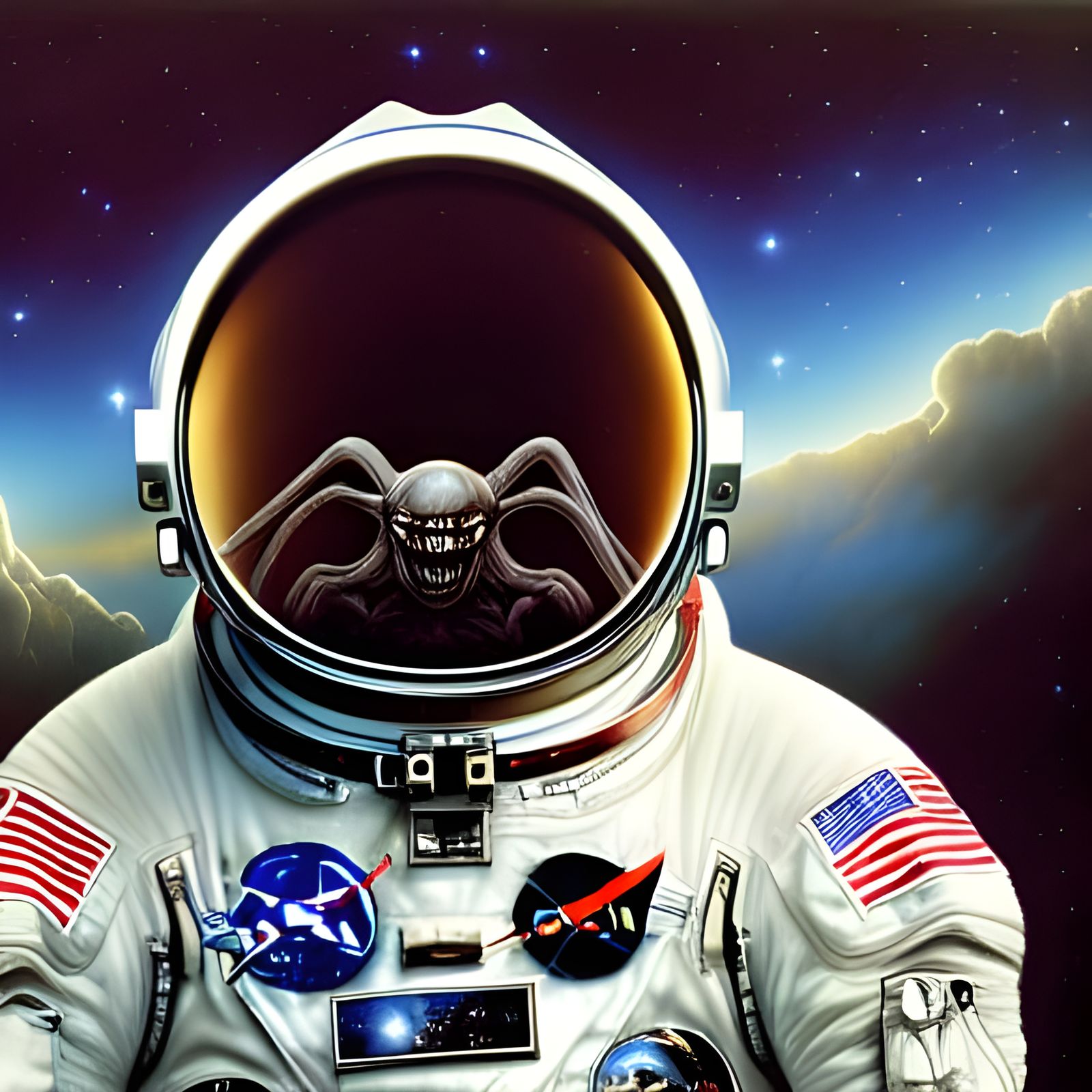 Terrifying Alien Beast Reflected in Astronaut Visor