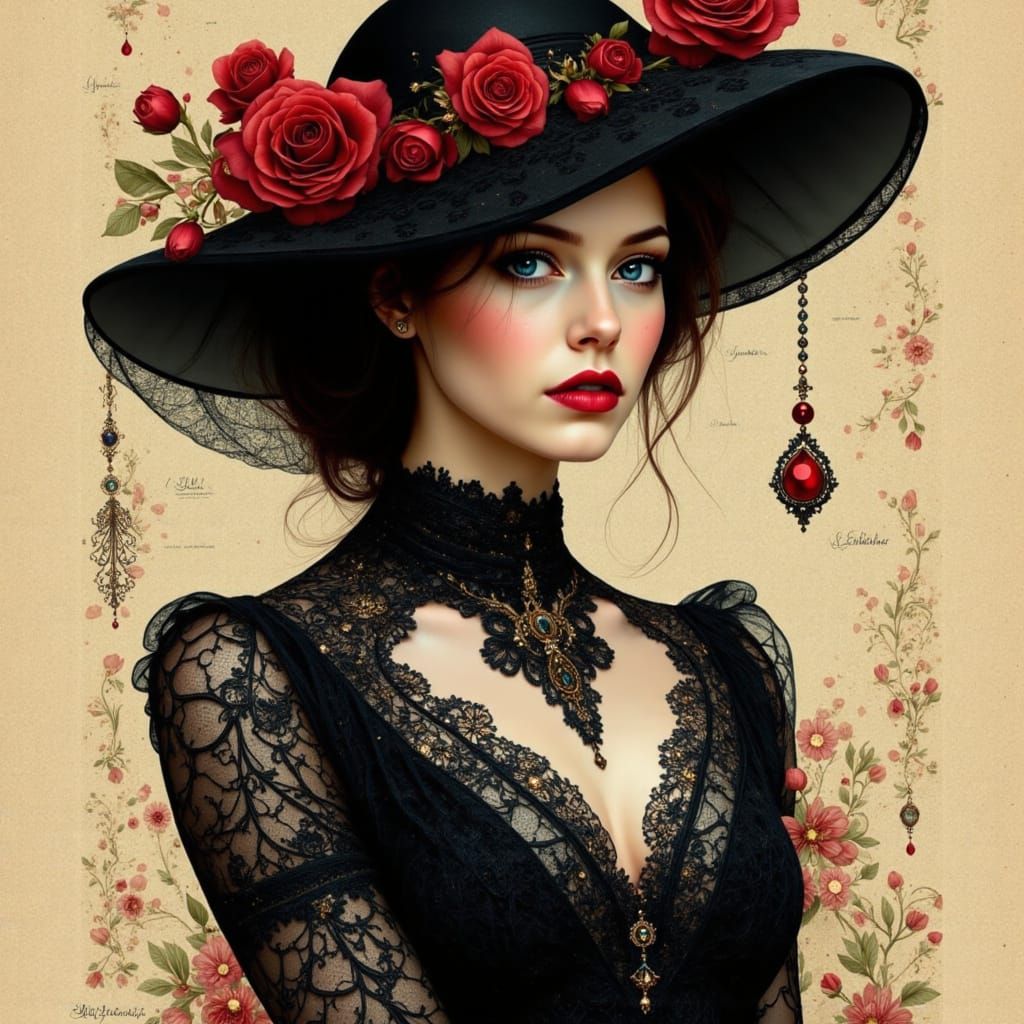 Mystical Woman in Black Gown with Roses