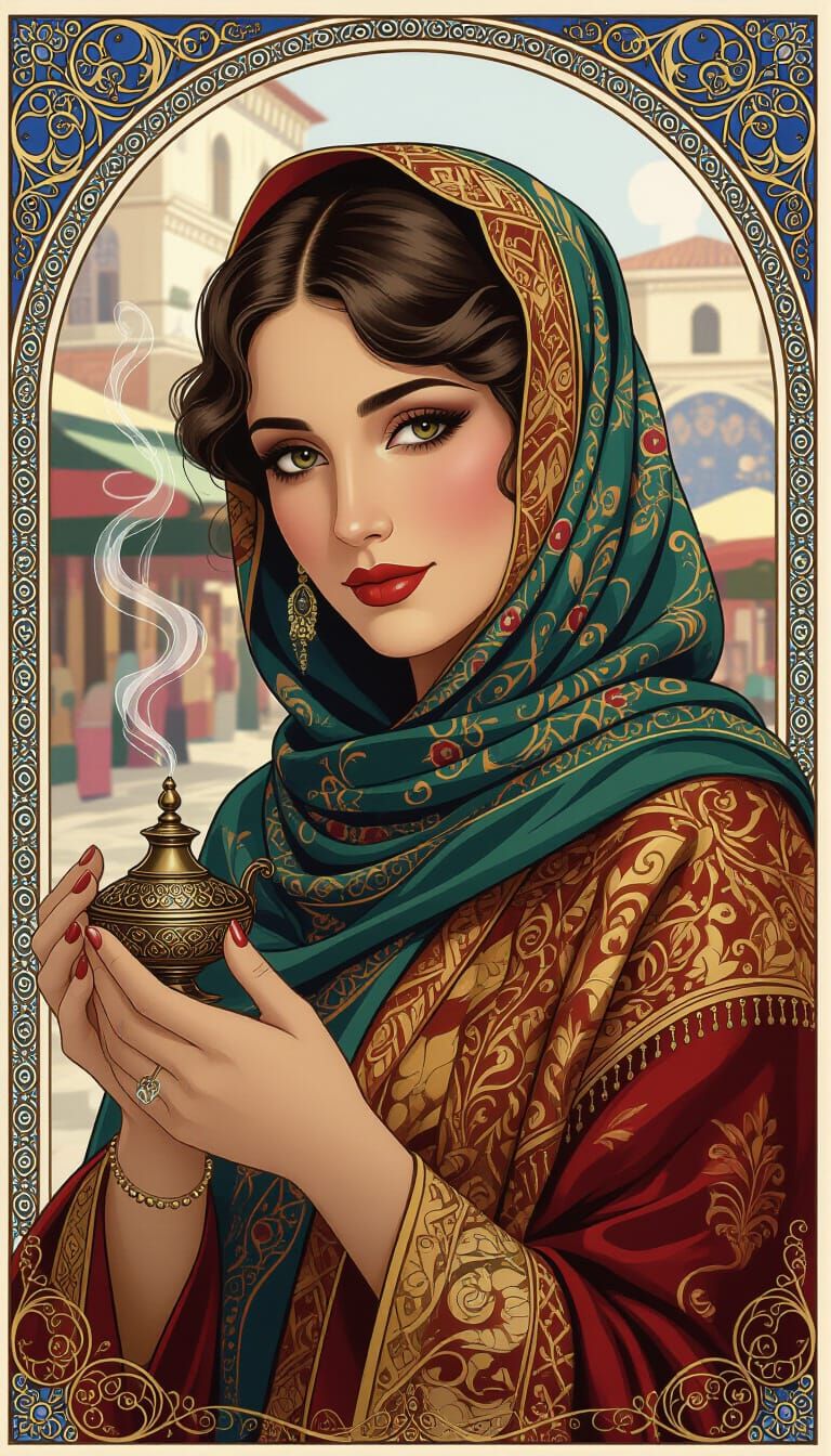 Art Nouveau Turkish Woman Portrait with Incense