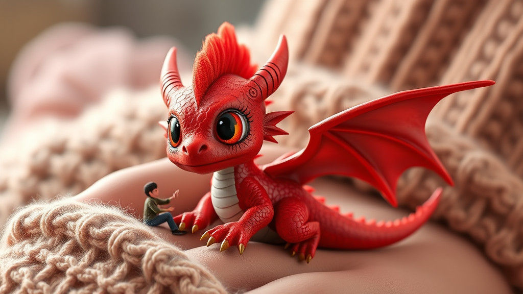 Chibi Red Dragon on Giant Hand, Digital Art
