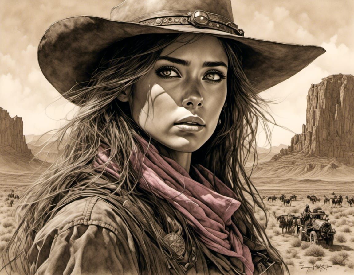 Western Woman with Green Eyes in Sepia Tones