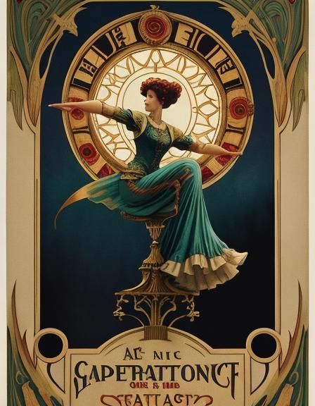 A romantic Art Nouveau-style poster for a vintage circus with a graceful acrobat.