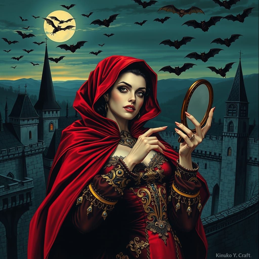 Elegant Vampire Lady in Medieval Fortress