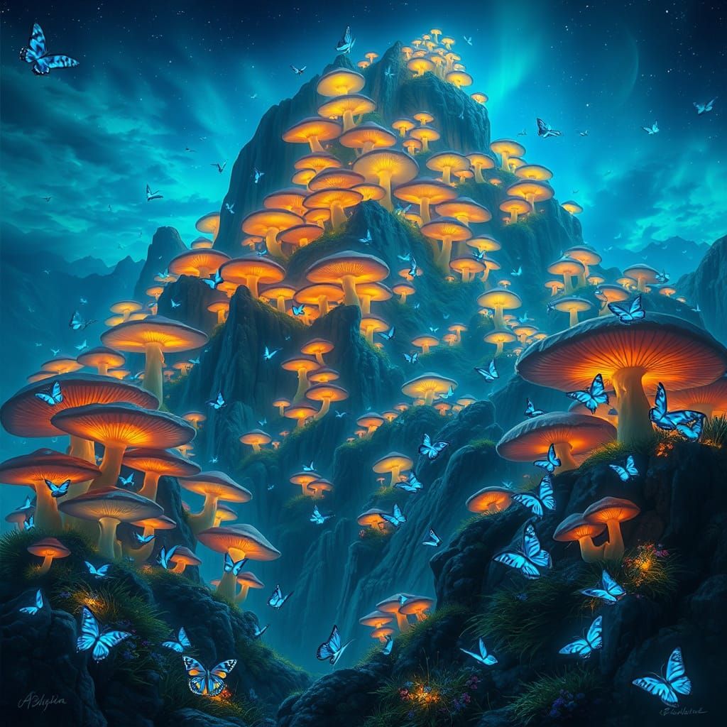Bioluminescent Mushroom Mountain with Blue Butterflies