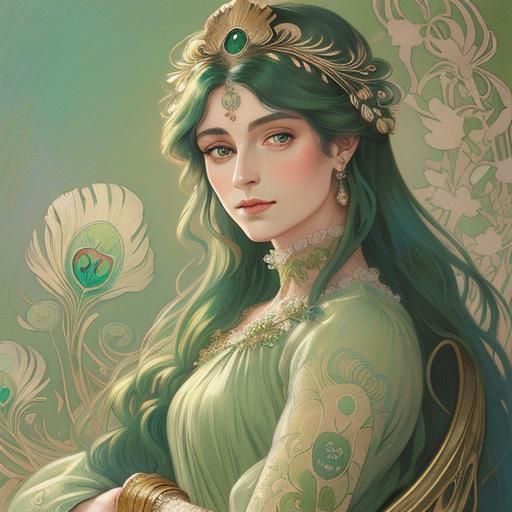 Art Nouveau Woman with Peacock Feather Portrait