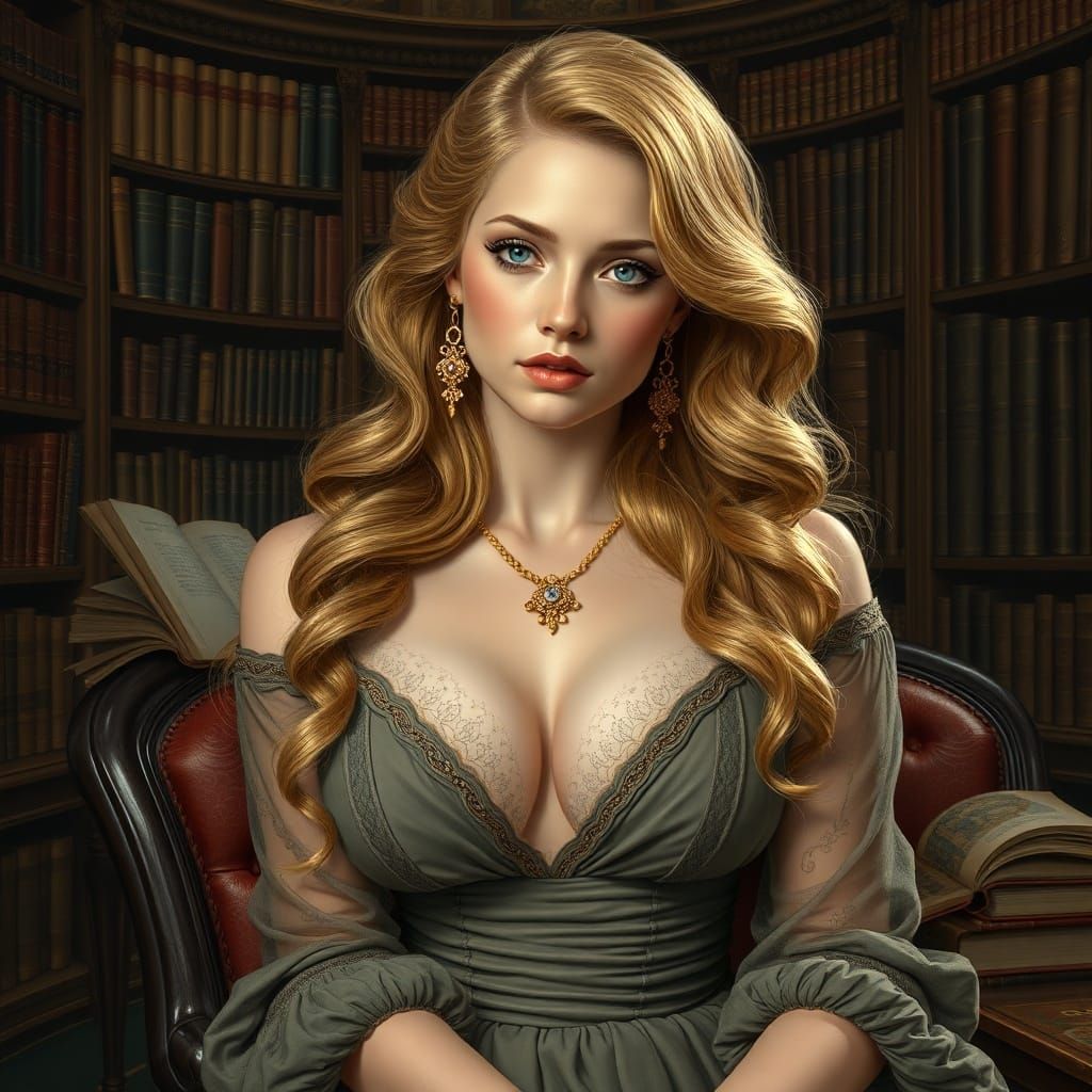 Golden-Haired Woman in Lavish Library, Art Nouveau Style