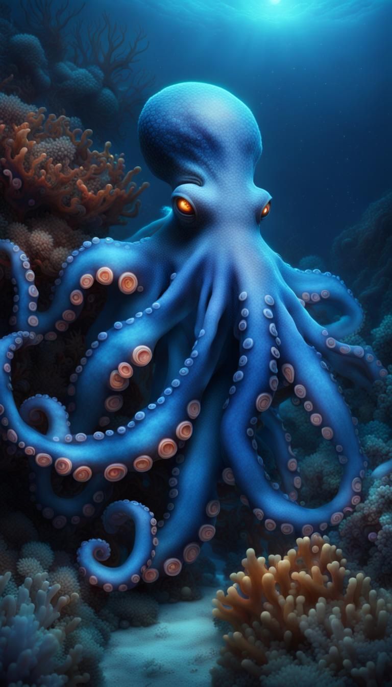 Bioluminescent Octopus in Coral Reef: Digital Painting
