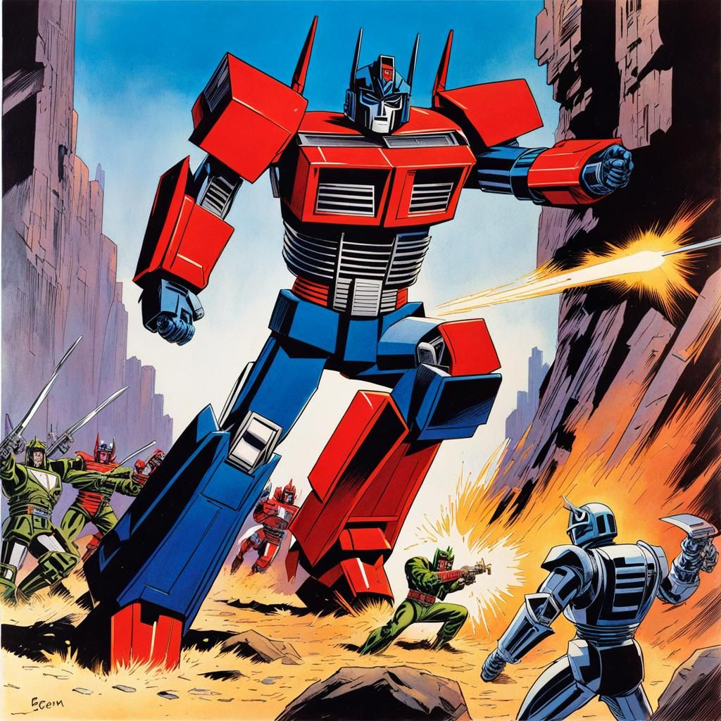 Optimus Prime vs Ninja Robot in 80s Comic Style