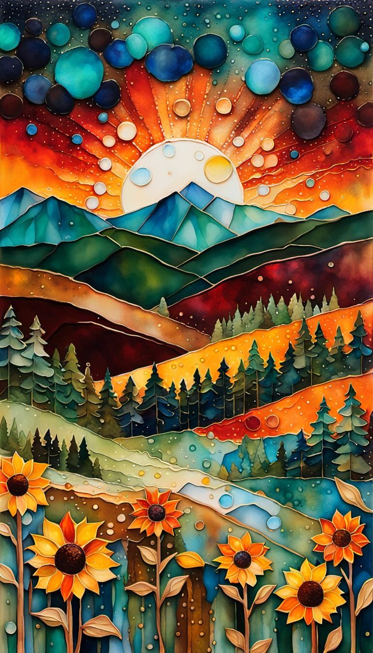 Abstract Alcohol Ink Blue Starry Night and Dark Red and Oran...