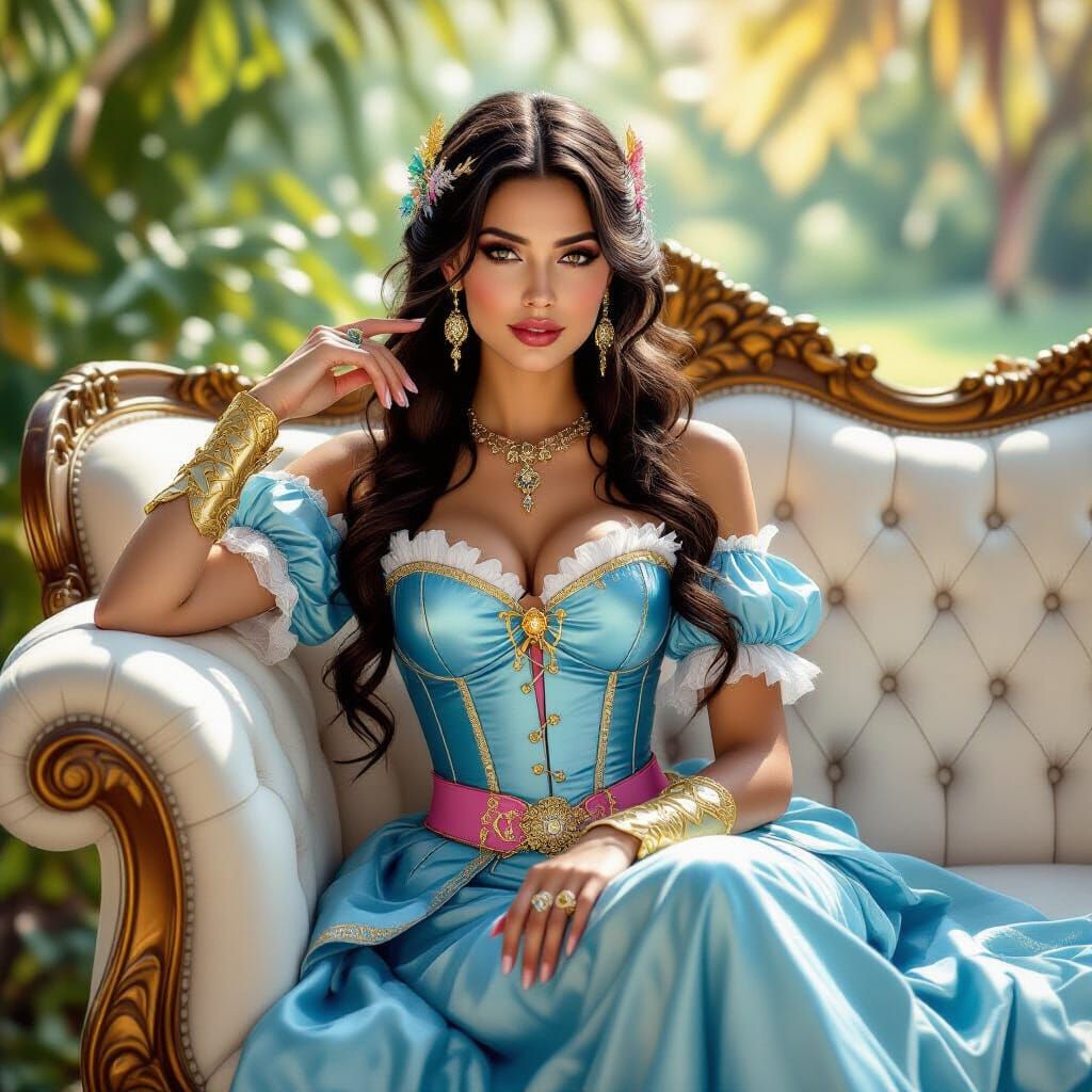 Regal Woman in Ornate Attire on Gold-Trimmed Sofa