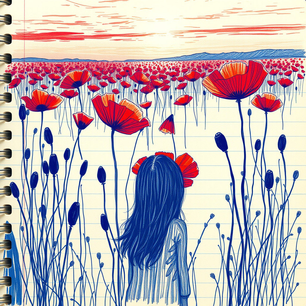 Red Poppies Field in Blue Ink Doodles
