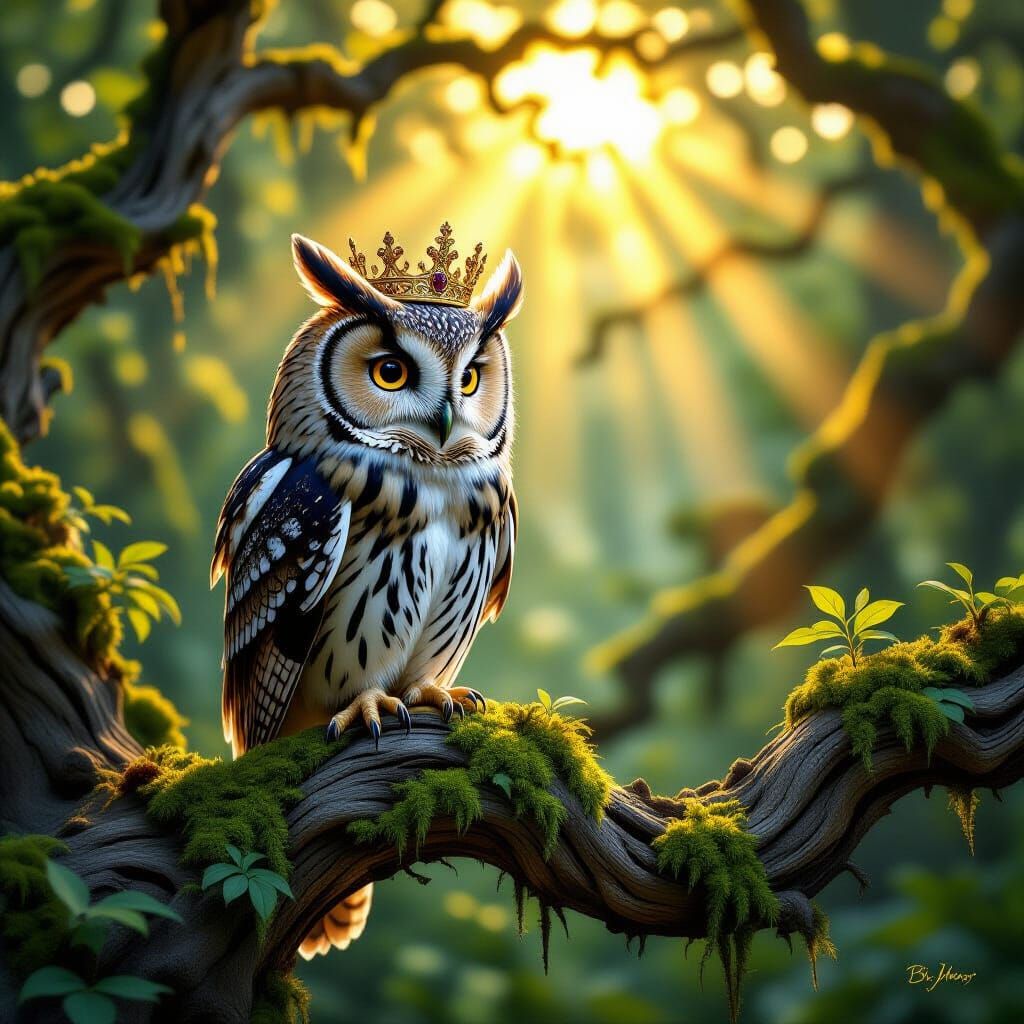 Wise Owl in Crown Surveys Sun-Dappled Forest Clearing