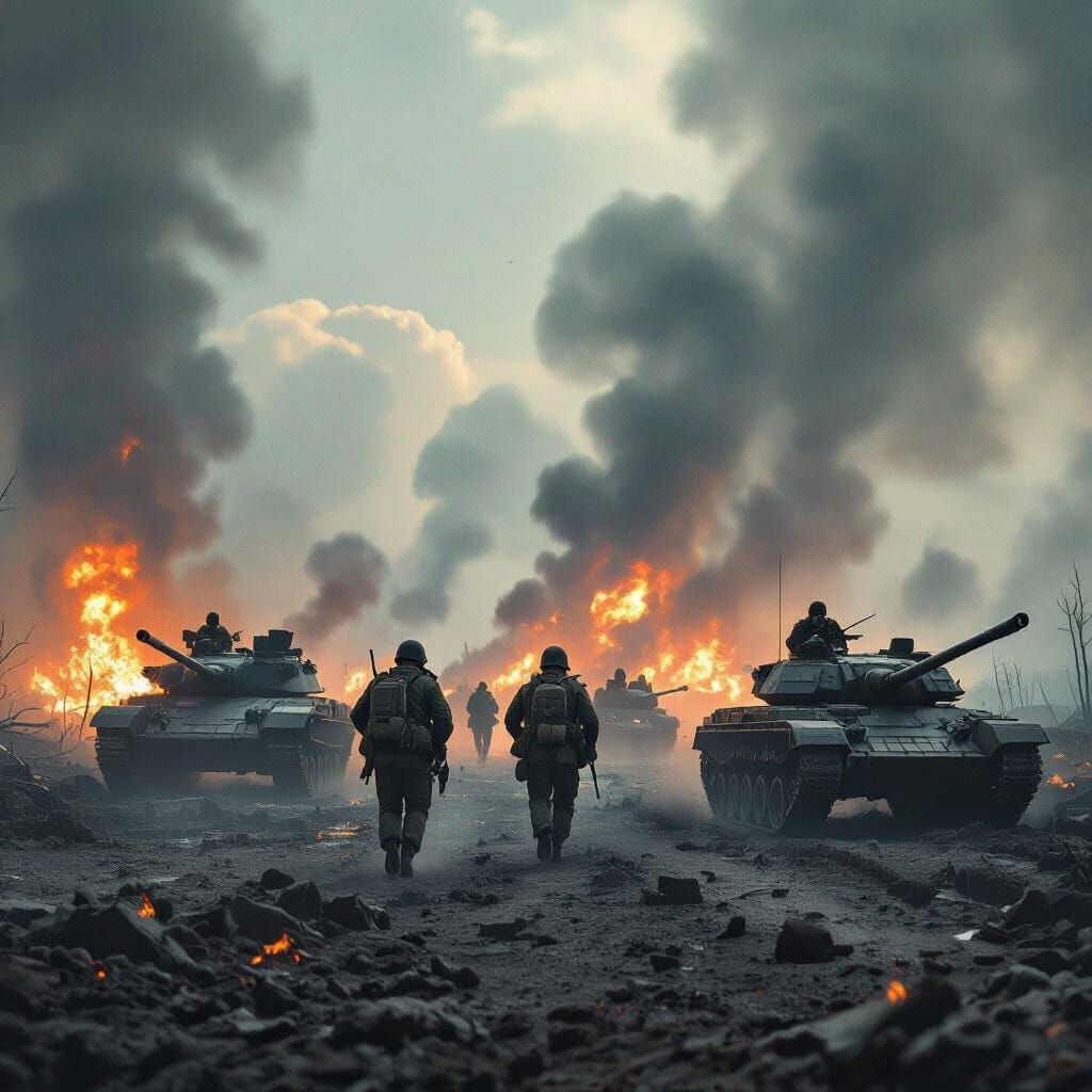Cinematic Battlefield: Soldiers Advance Through Destruction
