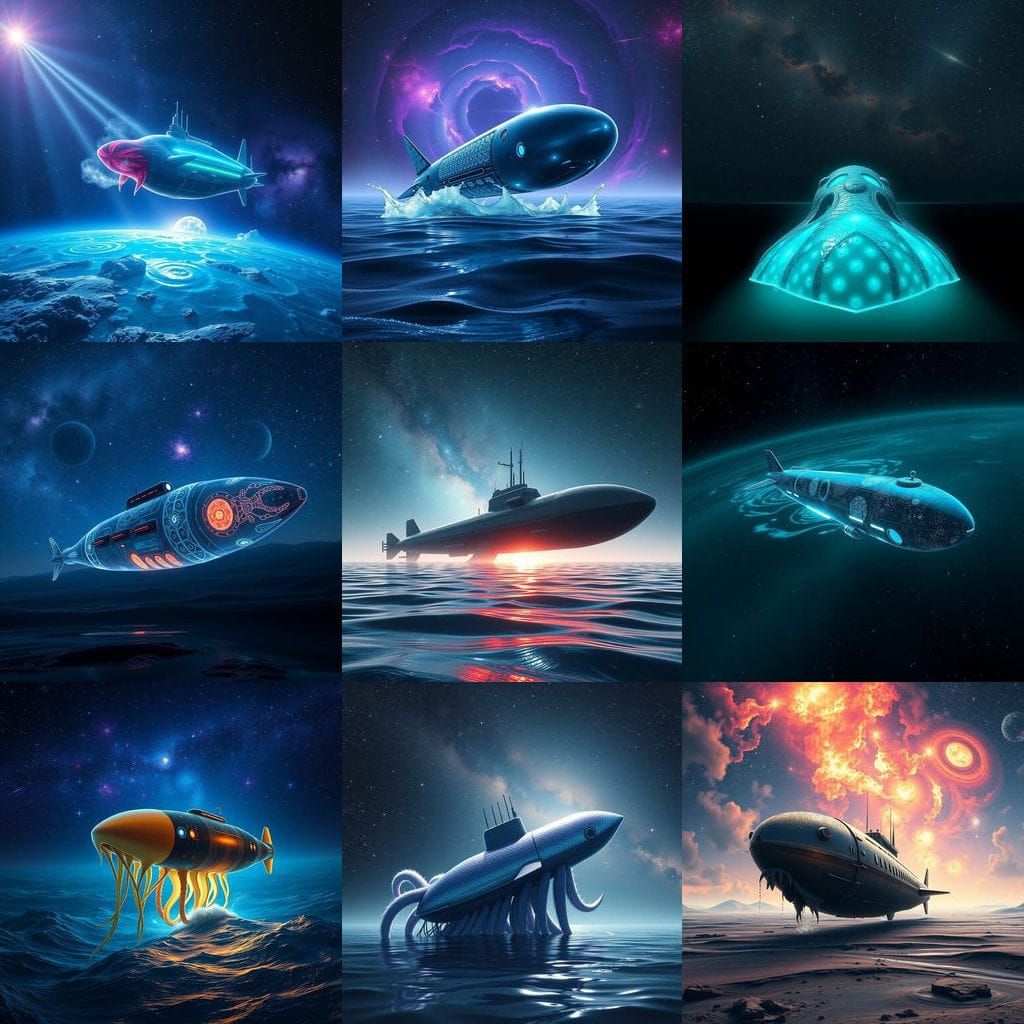 Surreal Submarine-Squid Emerges on Cosmic Water Planet