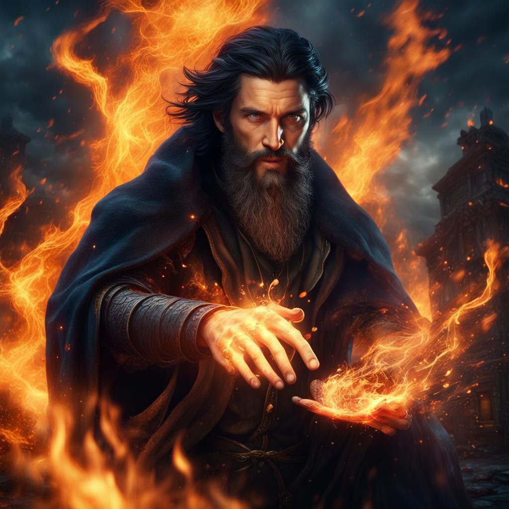 Wizard Conjuring Flames on Stormy Night