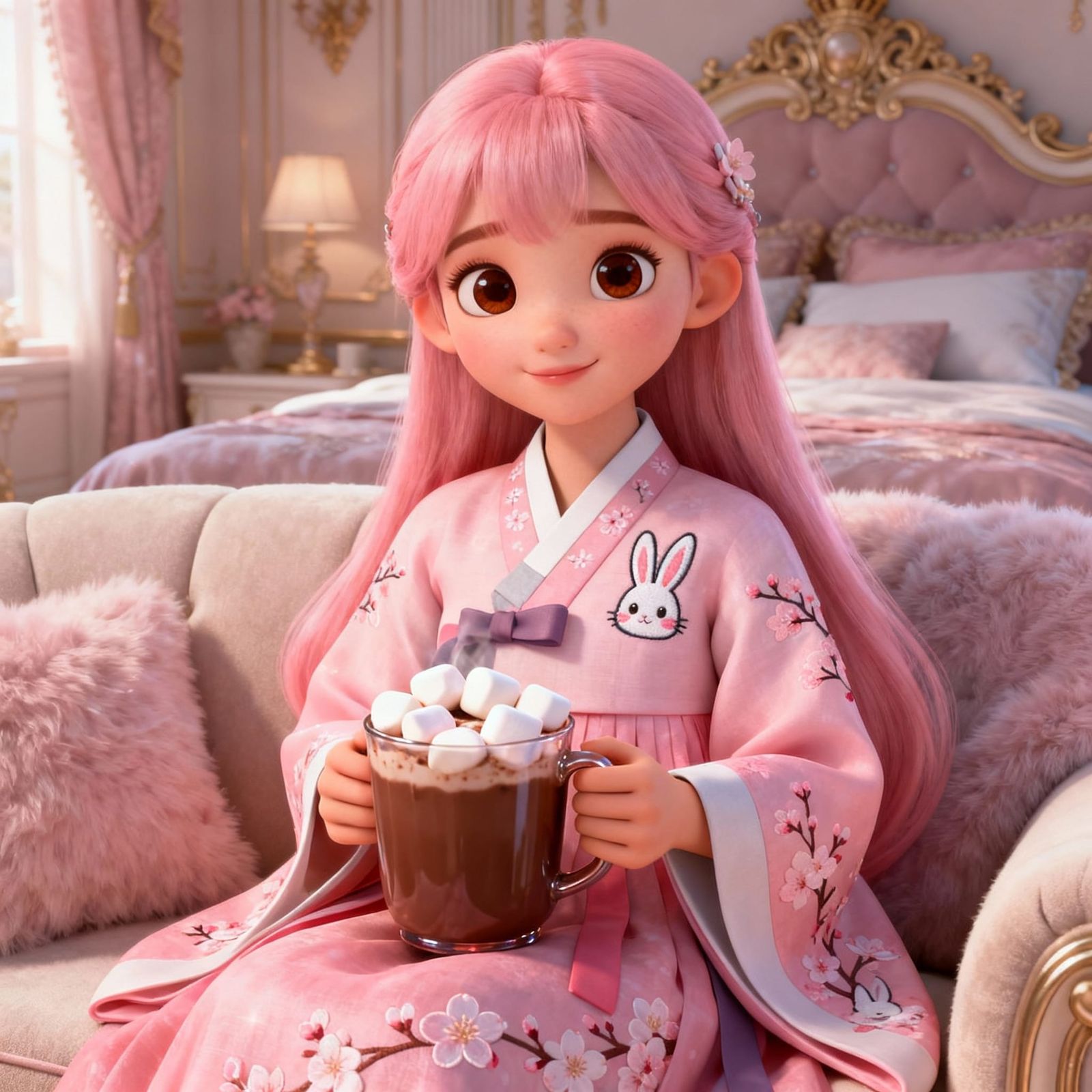 3D Cartoon Girl President in Hanbok with Pink Hair