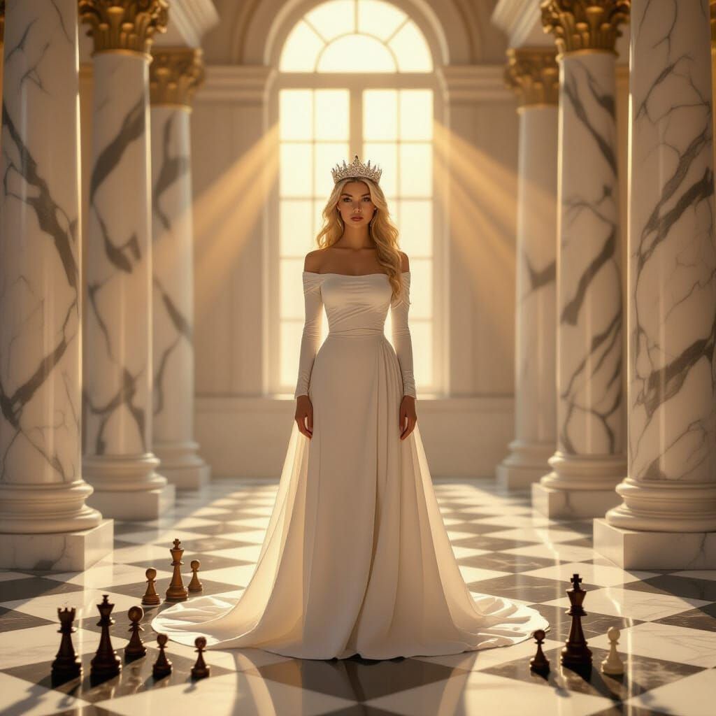 Vulnerable Queen in Marble Chamber, Fantasy Illustration