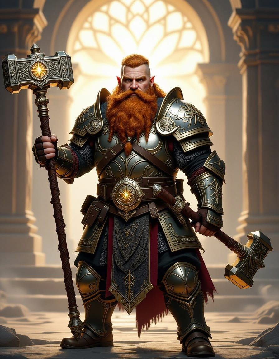 Dwarf Cleric with Warhammer in Fantasy Concept Art Style