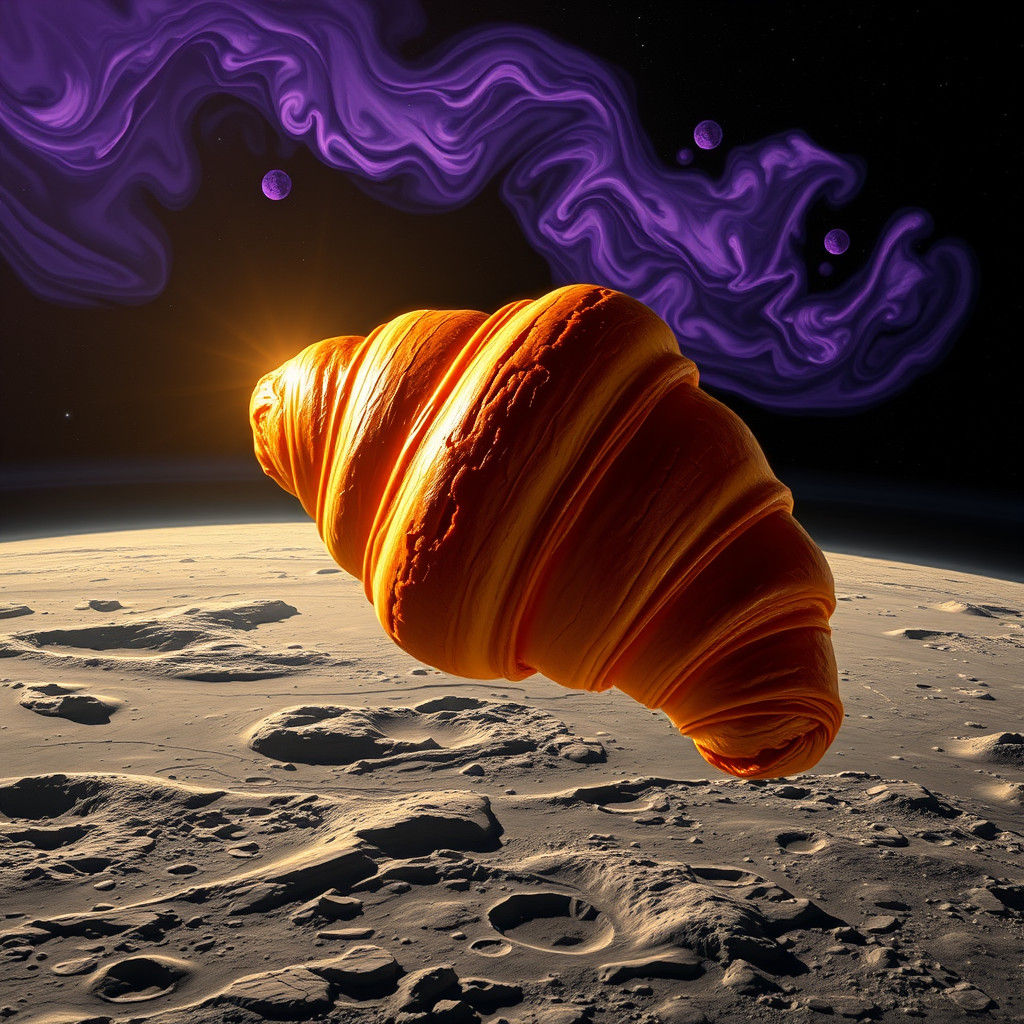 Giant Chocolate Croissant Orbits the Moon in Sci-Fi Style