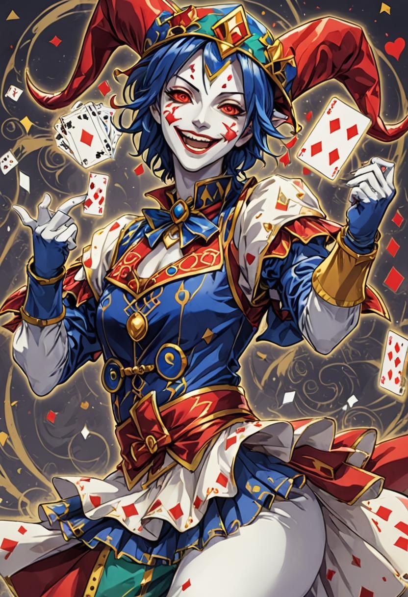 Anime Jester with Playing Cards in Manga Style
