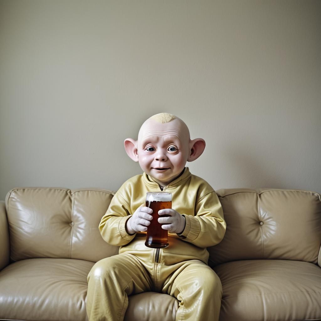Albino Teletubby Relaxing on Leather Couch