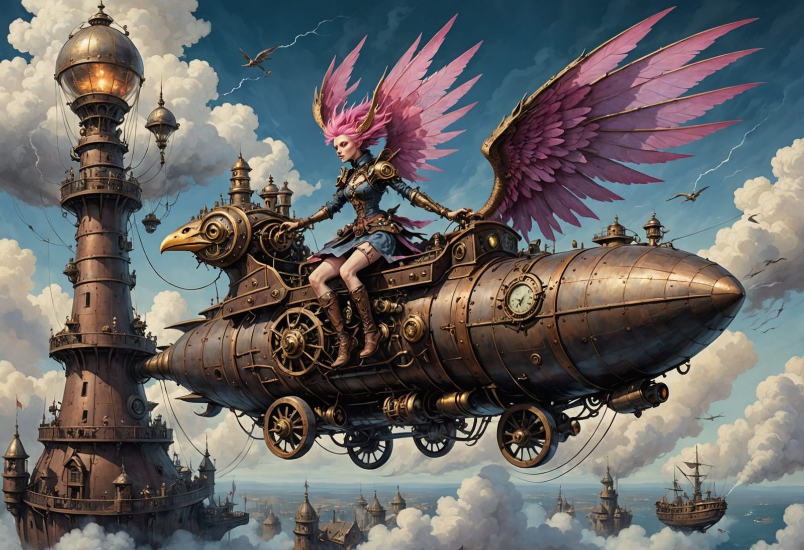 Steampunk Harpy Soaring on Airship in Smoky Sky