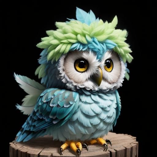 Cute Blue Baby Owl with Green Mohawk