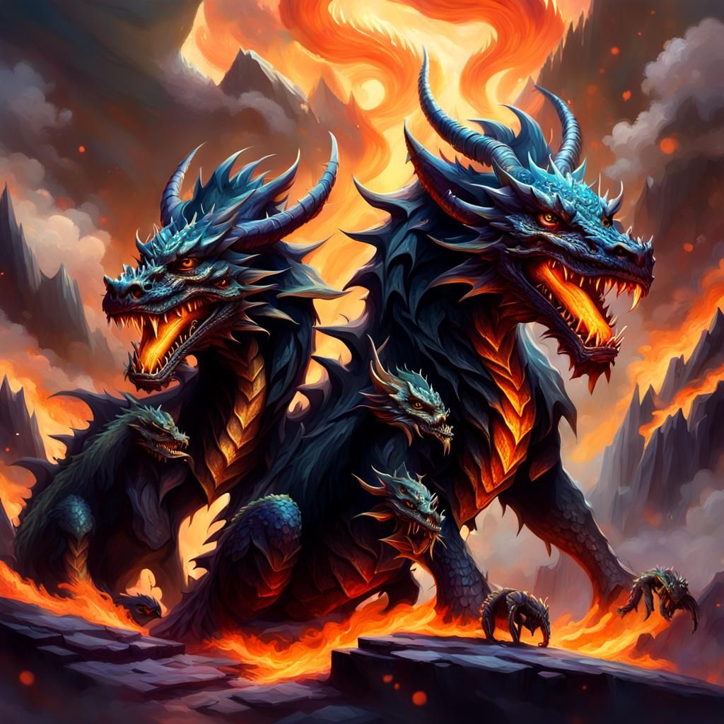 Three Headed Dragon in Vibrant, Iridescent Colors