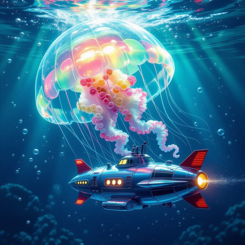 Bioluminescent Jellyfish in Bubbling Soda Sea