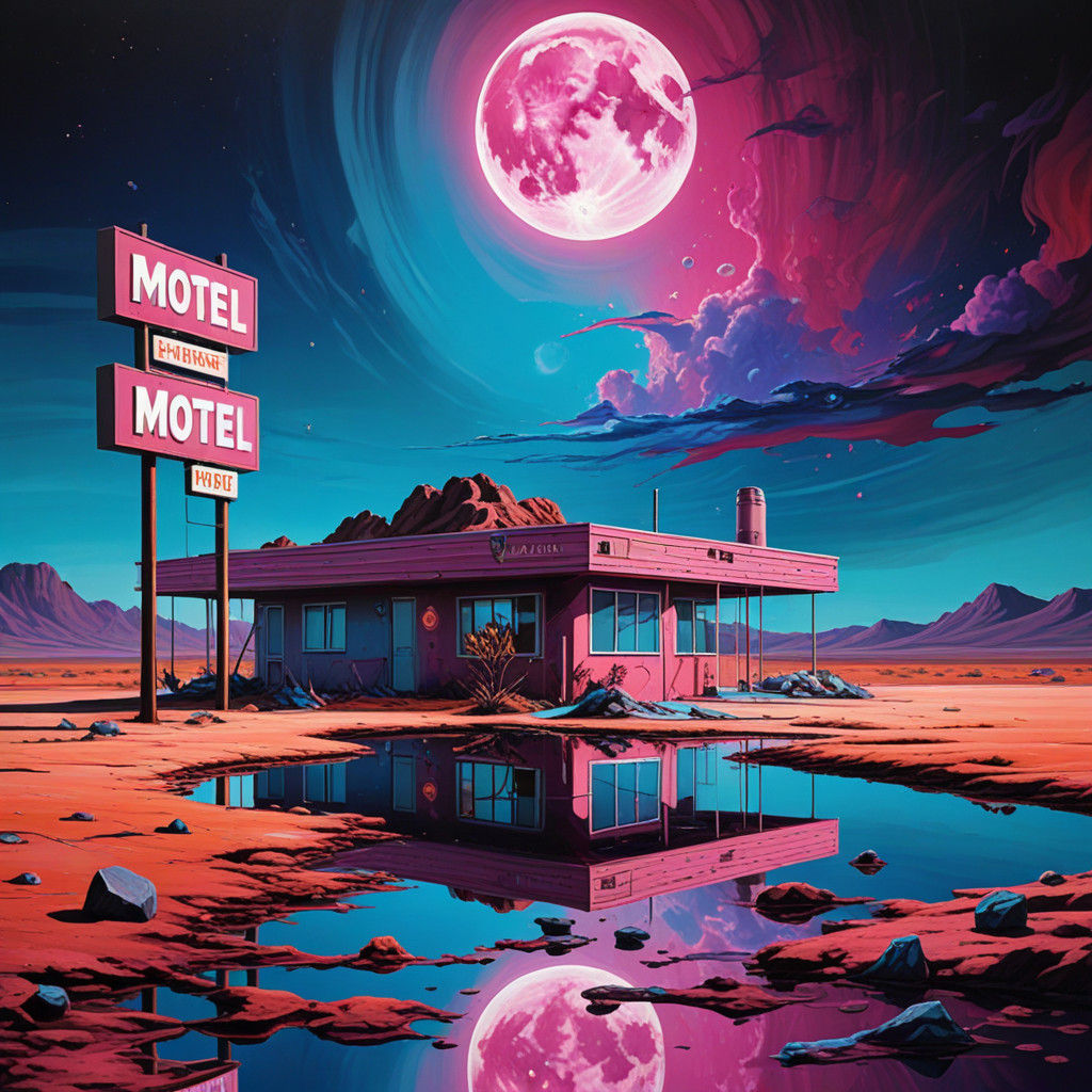 Surreal Pink Dots Motel on a Deserted Exoplanet Landscape