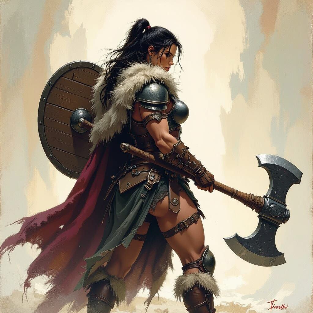 Fierce Female Warrior with Axe in Oil Painting Style