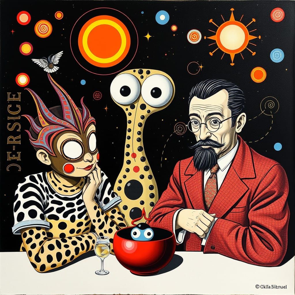 Collaborative Surrealist Art Piece in Bold Colors and Geomet...