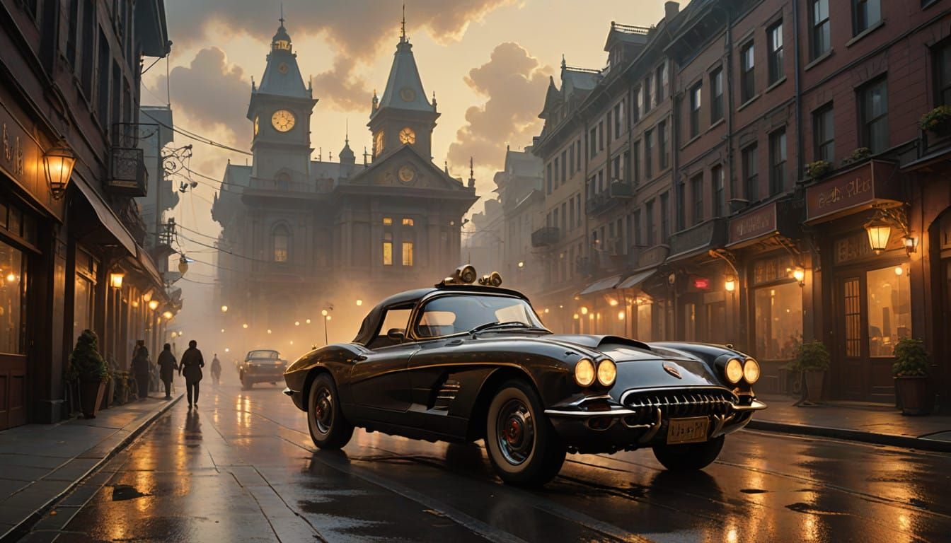 Elegant Lady Soars Above Gaslit City on Steam-Powered Corvet...