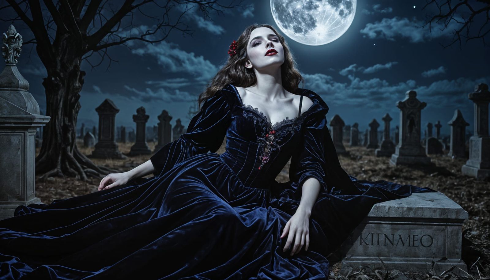 Ethereal Gothic Vampire Goddess Under Moonlight
