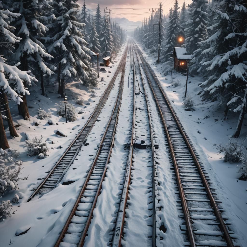 Snowy Train Tracks: Detailed Matte Painting