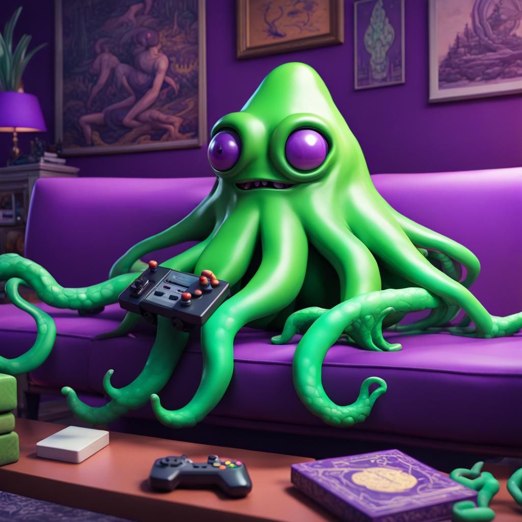 Green Squid Monster Gamer in Detailed Digital Painting