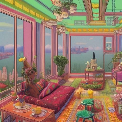 Solarpunk 1970s Room Overlooking Vibrant City