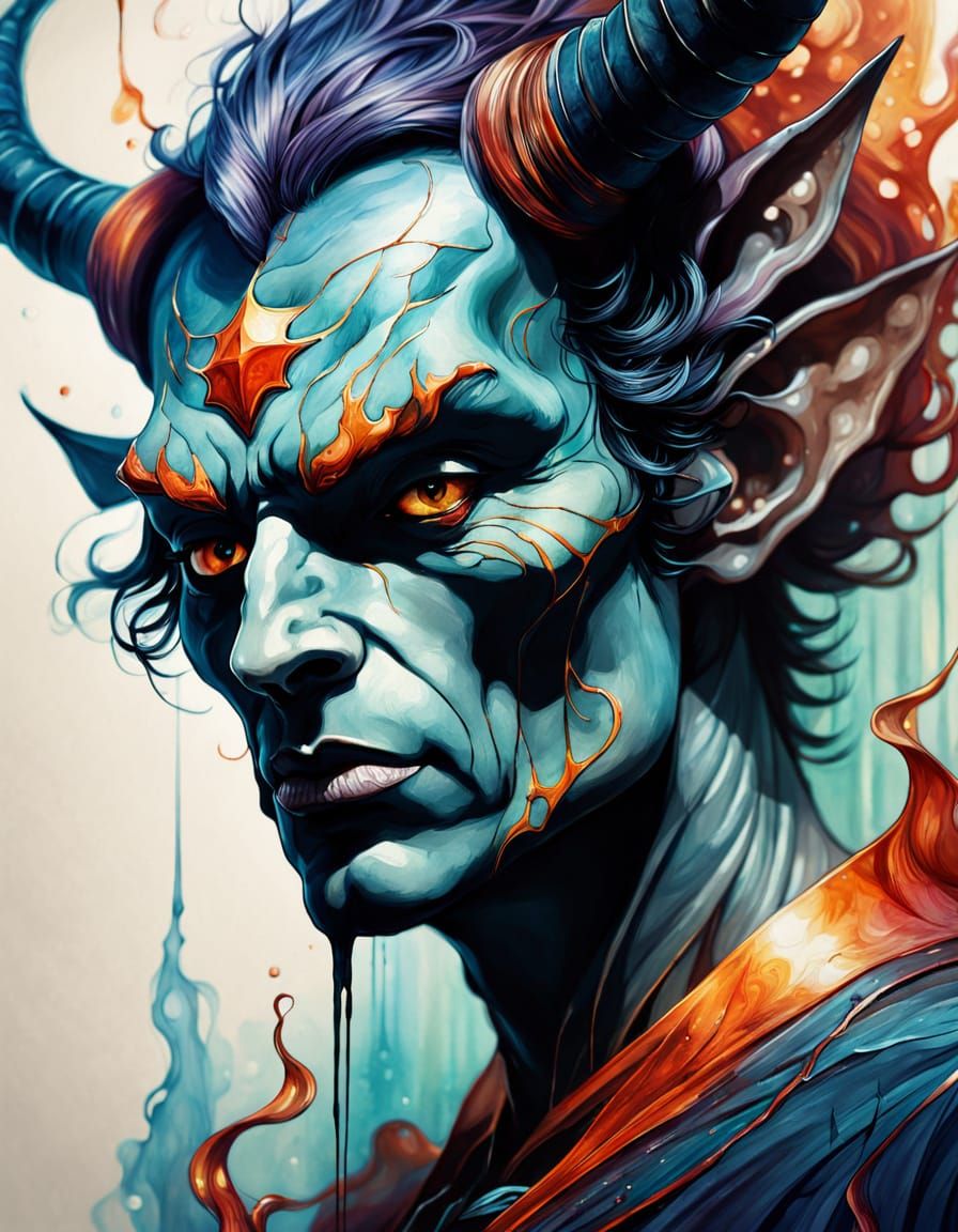 Surreal Good Devil in Watercolor Ink Sketch