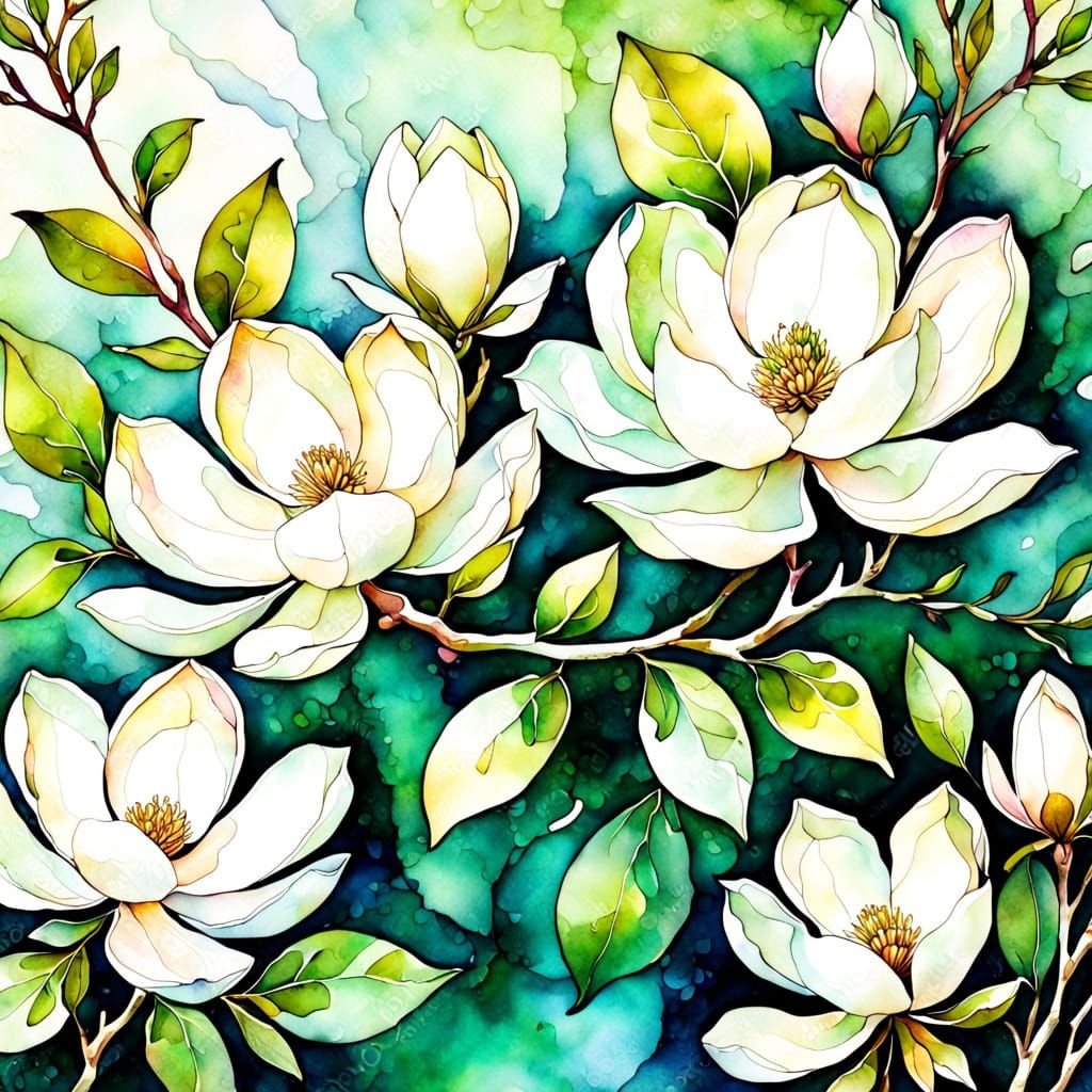 White Magnolia Bloom in Realistic Watercolor Style