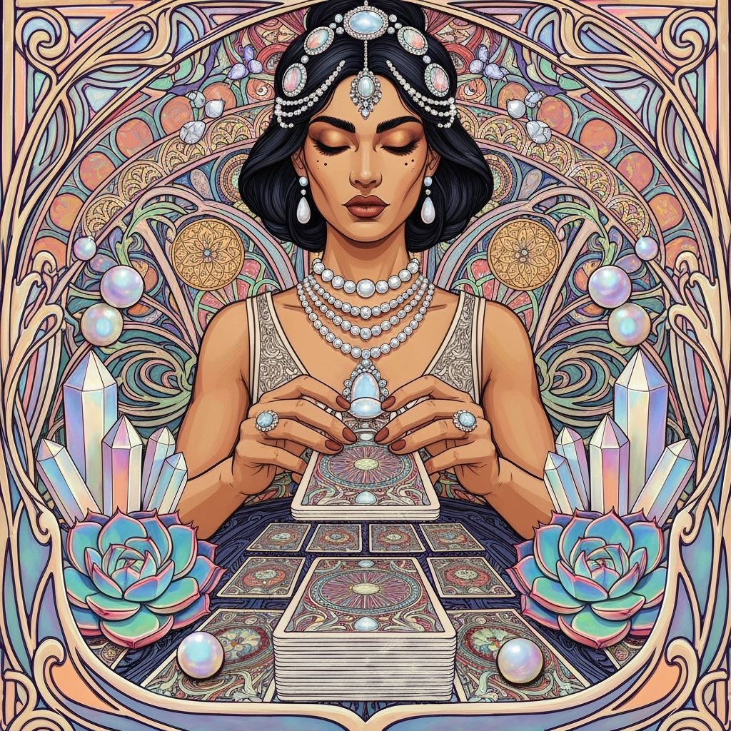 Multicultural Goddess Deals Tarot Cards in Art Nouveau Style
