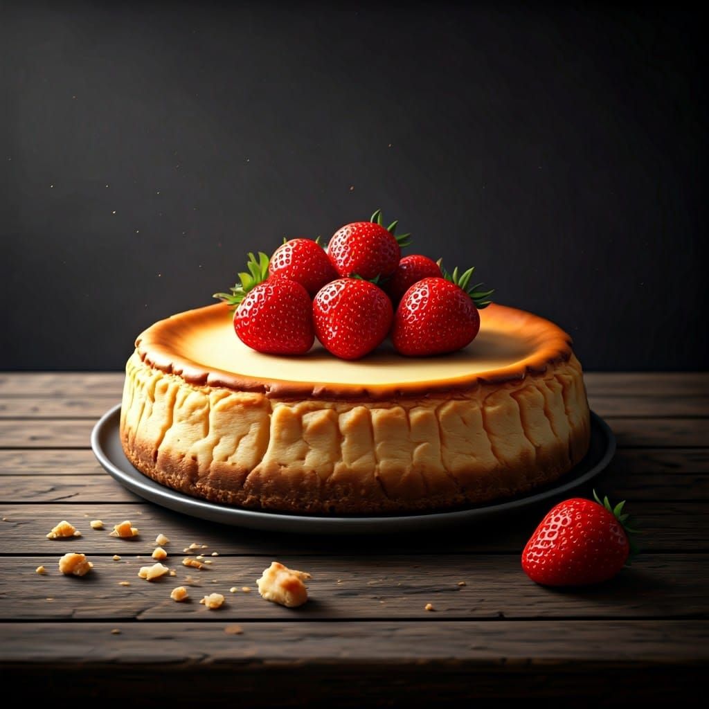 Hyperrealistic Cheesecake with Strawberries on Rustic Wooden...