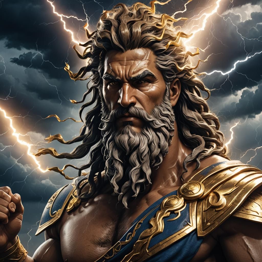 Zeus Portrait with Lightning Bolt, Digital Art